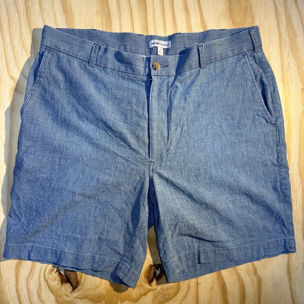 Peter Millar Men's Blue Chambray Linen Blend Flat Front Resort Golf Shorts Sz 36